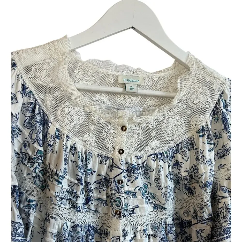 SUNDANCE WOMENS TOP SZ MEDIUM LACE DETAIL RUFFLED  COTTON BLEND WHITE BLUE BOHO - Picture 6 of 11